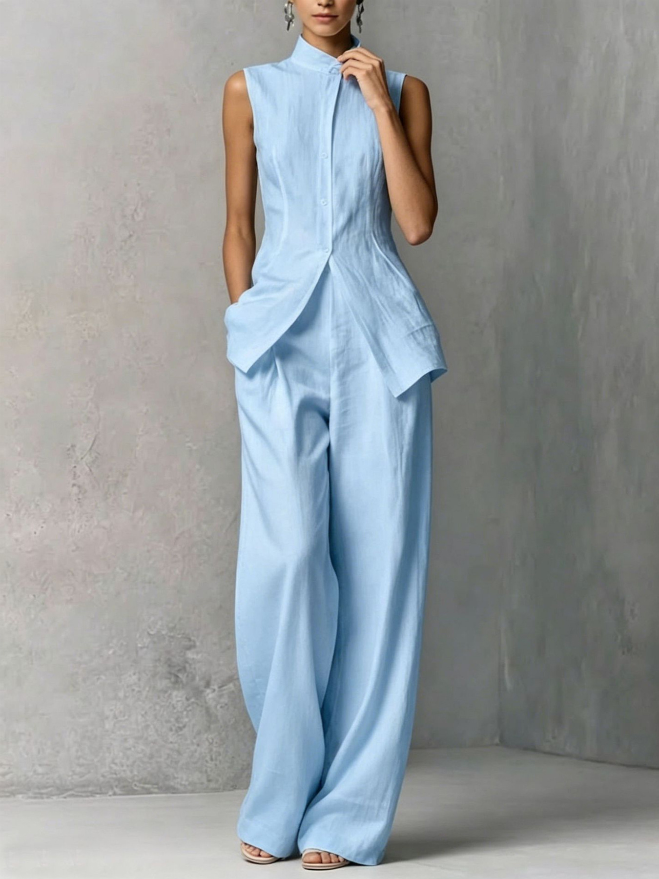 Women's Sleeveless Shirt and Pants Set with Drape, Casual Chic Two-Piece Outfit
