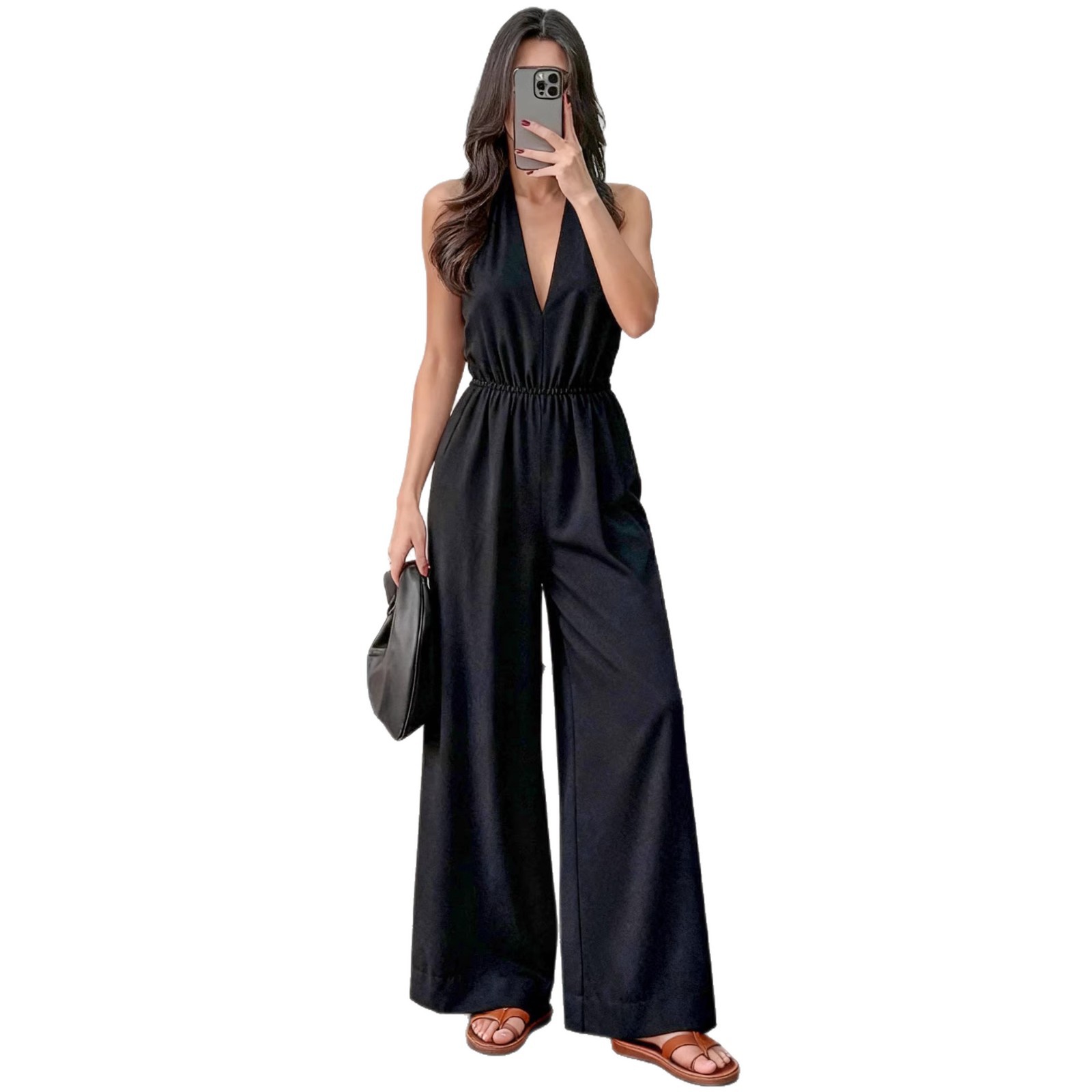 Women's V-Neck Halter Sleeveless Jumpsuit Solid Color Wide-Leg
