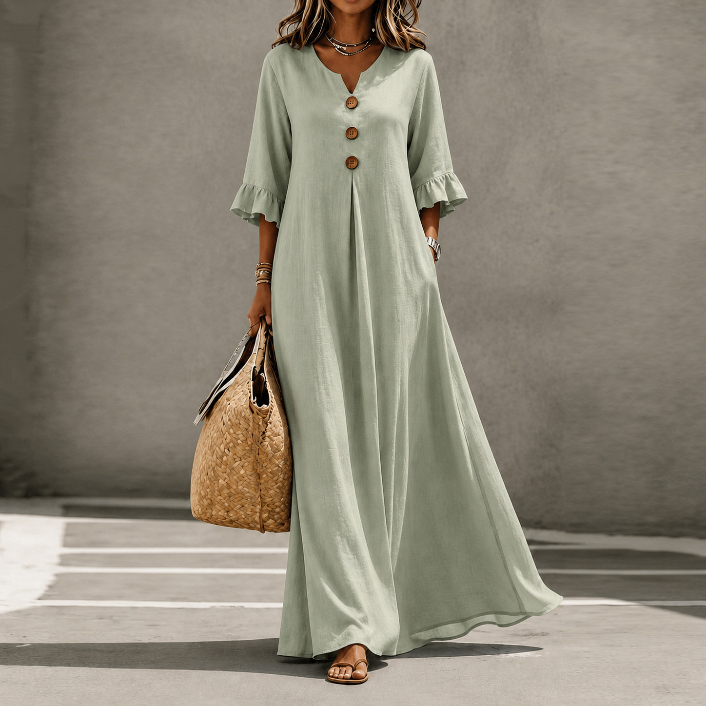V-Neck Button Bubble Sleeve Loose Long Dress