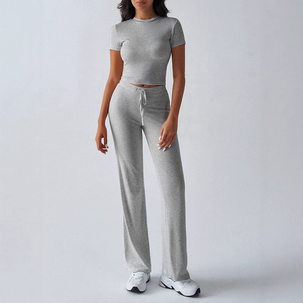Women's Casual Solid Color Round Neck Short Sleeve Top and Long Pants Set