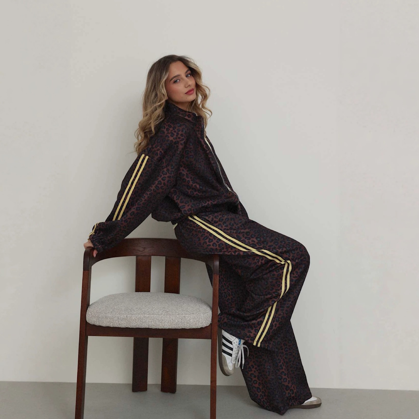 Leopard Print Striped Track Jacket and Pants Set