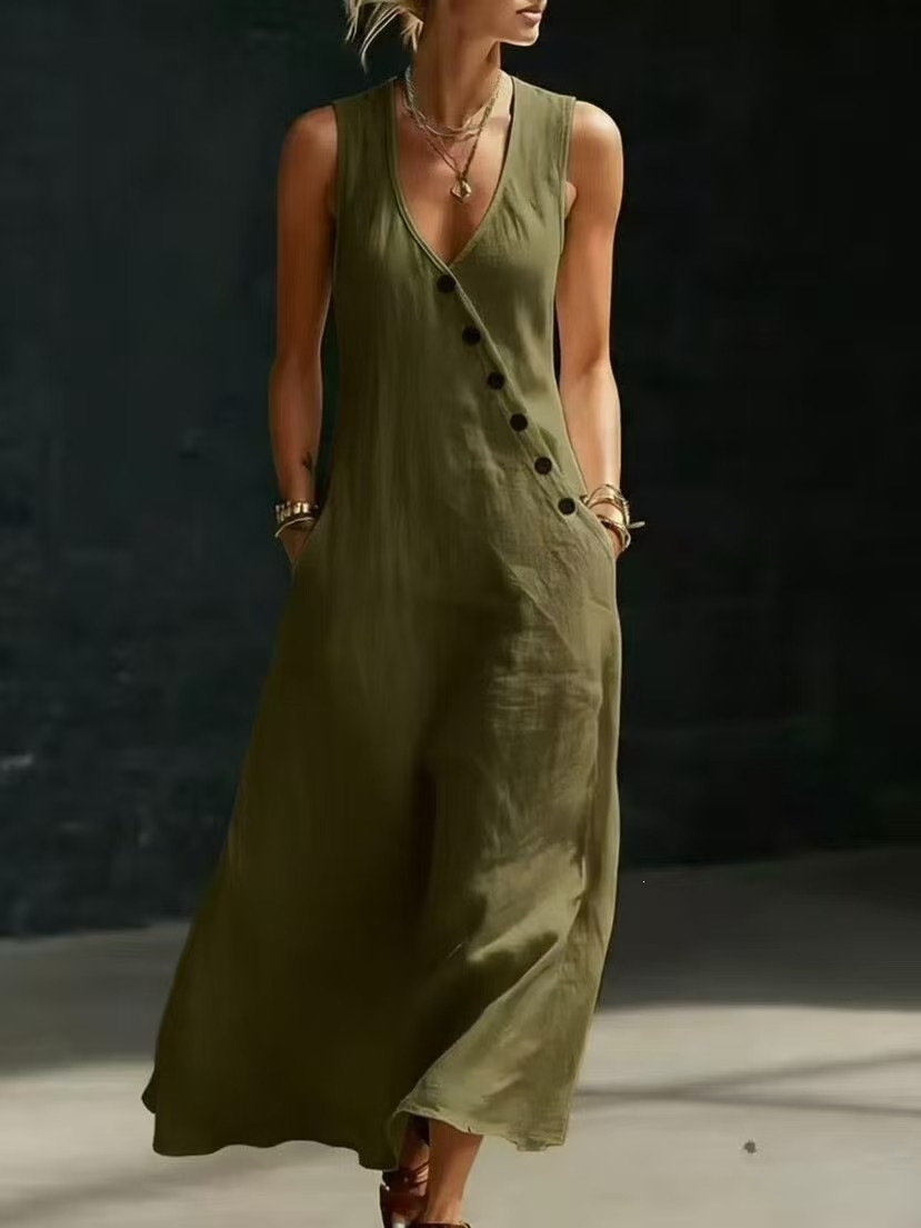 V-Neck Button-Front Sleeveless A-Line Maxi Dress