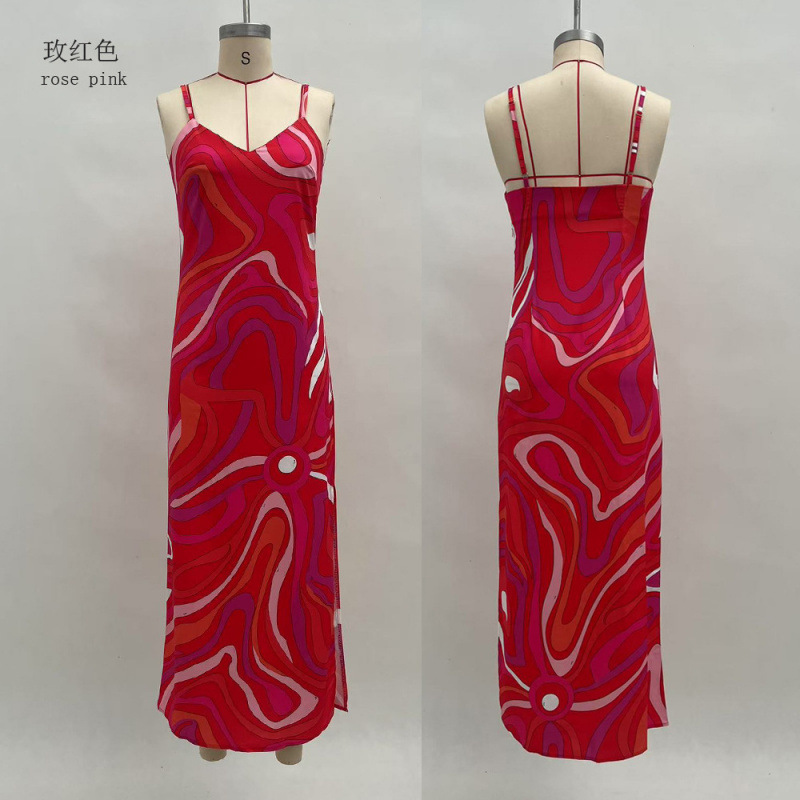 Women's Printed V-Neck Slit Cami Dress