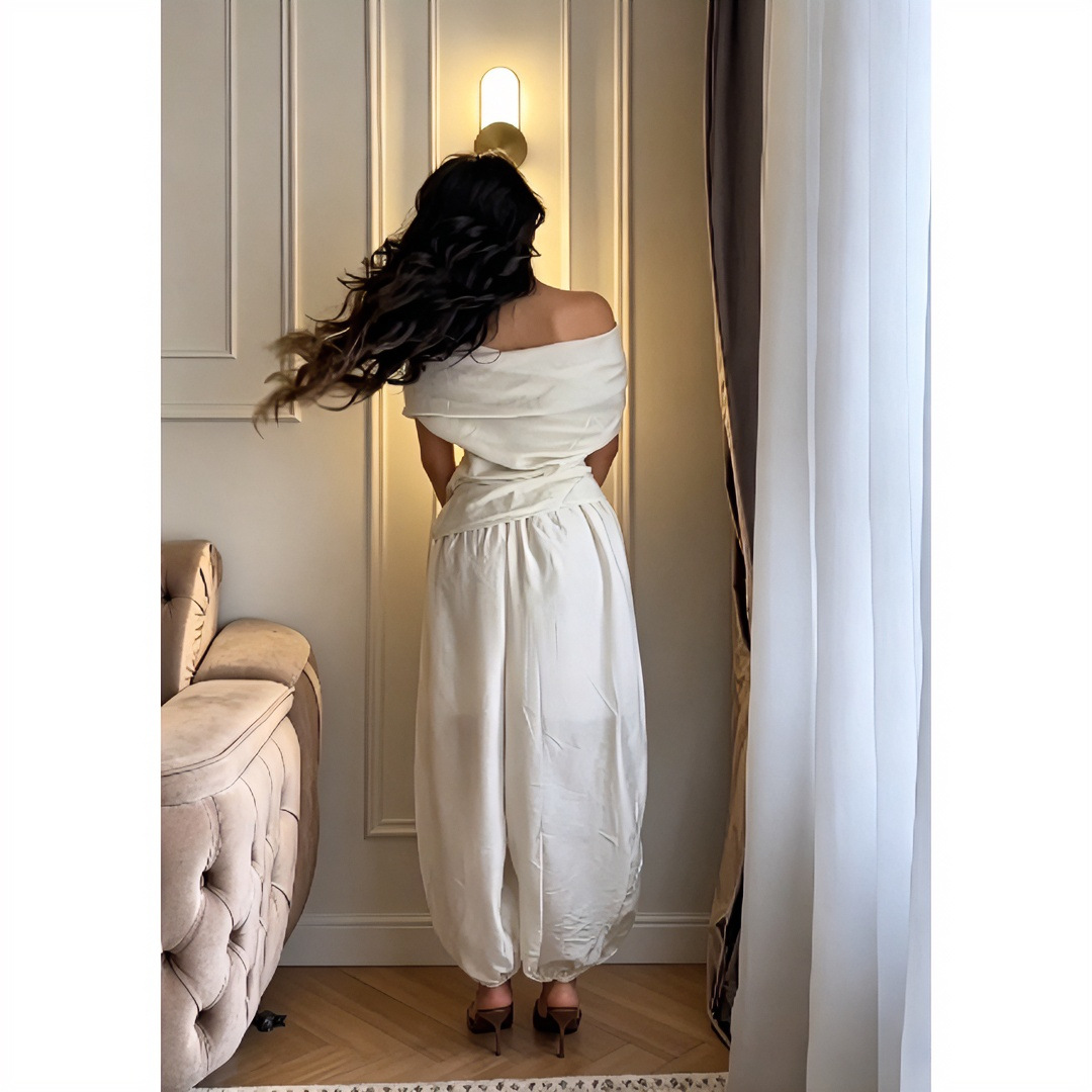 Women's Summer Solid One-Shoulder Short-Sleeve Top & Loose Pants Two-Piece Set
