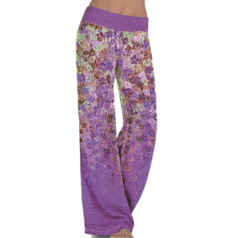 Gradient Floral Print Wide Waistband Wide-Leg Pants Lightweight Drapey Loose Fit