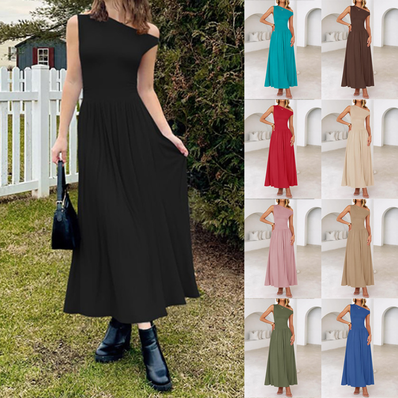 Women's One-Shoulder Pocket Dress Slim Sleeveless A-Line Midi