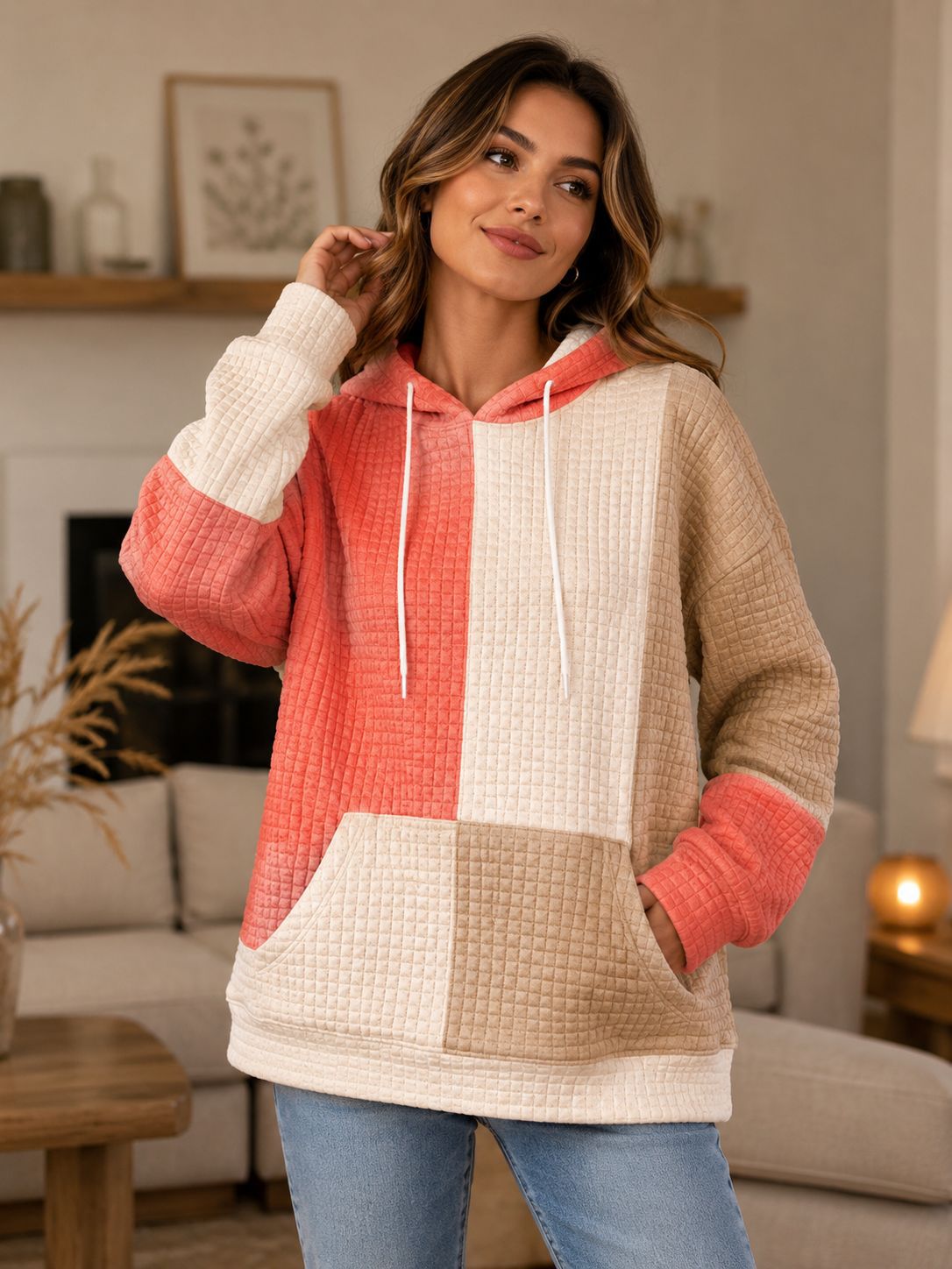 Plus Size Colorblock Waffle Knit Hoodie Women's Pullover
