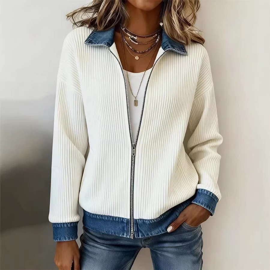 Women's Knit Spliced Denim Shirt Jacket Long Sleeve Open Front