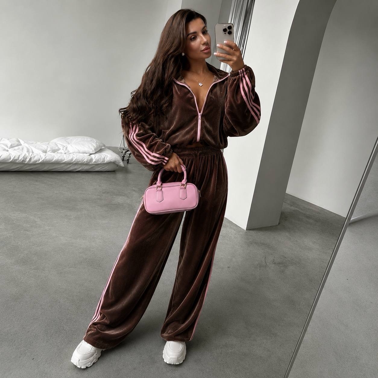 Velvet Colorblock Three-Stripe Track Suit Women's Stand Collar Zip Jacket High-Waist Drawstring Wide-Leg Pants
