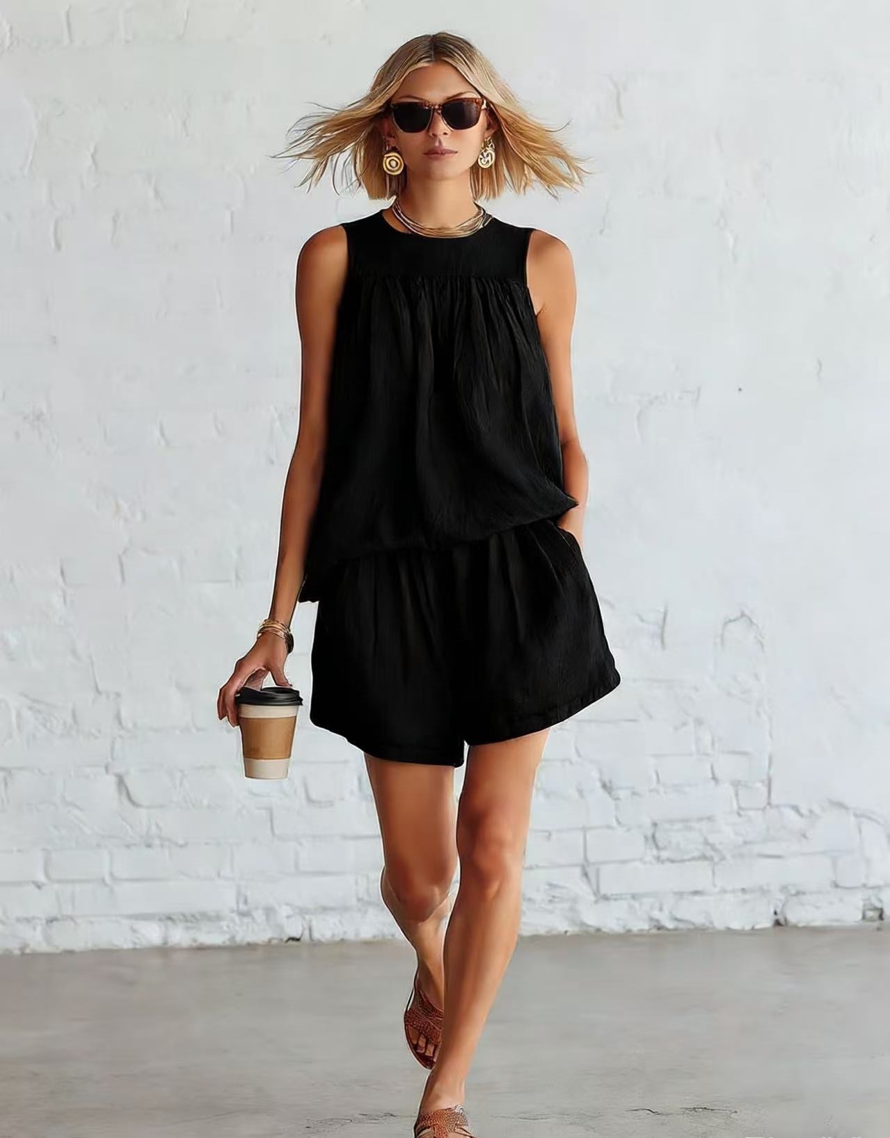 Women's Sleeveless Ruched Top and Wide-Leg Shorts Set