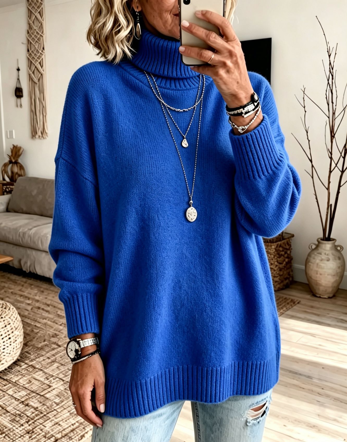 Women's Turtleneck Sweater Loose Knit Pullover Soft Thickened Base Layer