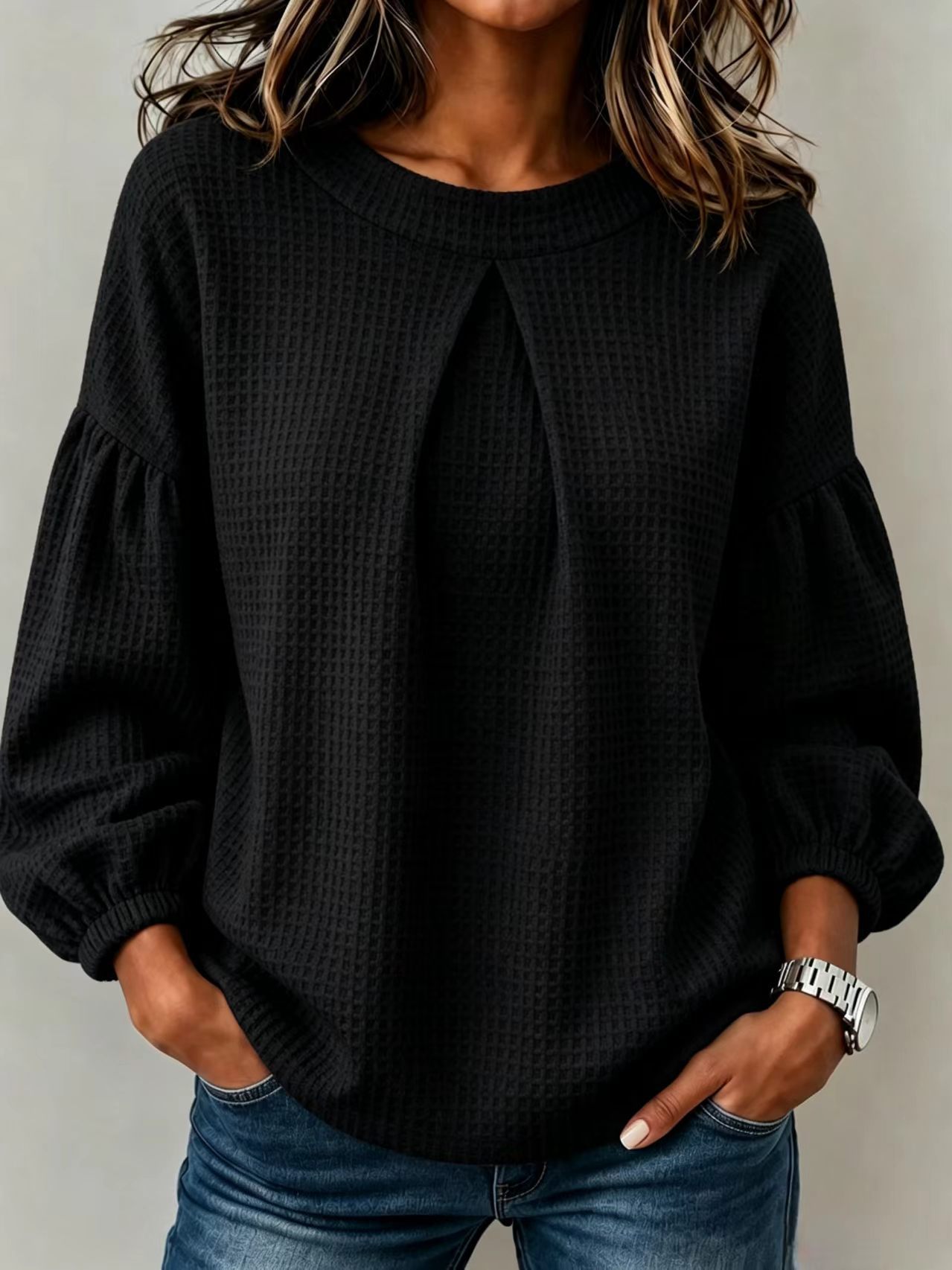 Women's Colorblock Lantern Sleeve Crewneck Loose Solid Long Sleeve Top Sweatshirt