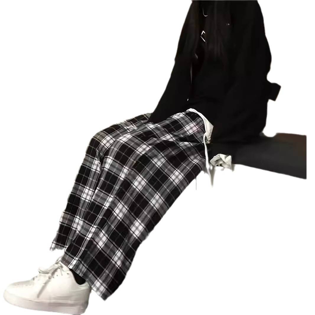 High-Waisted Straight-Leg Plaid Pants for Summer, Black and White