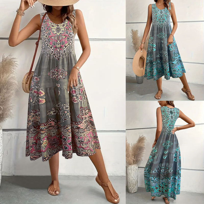 Floral Print Sleeveless U-Neck Midi Dress