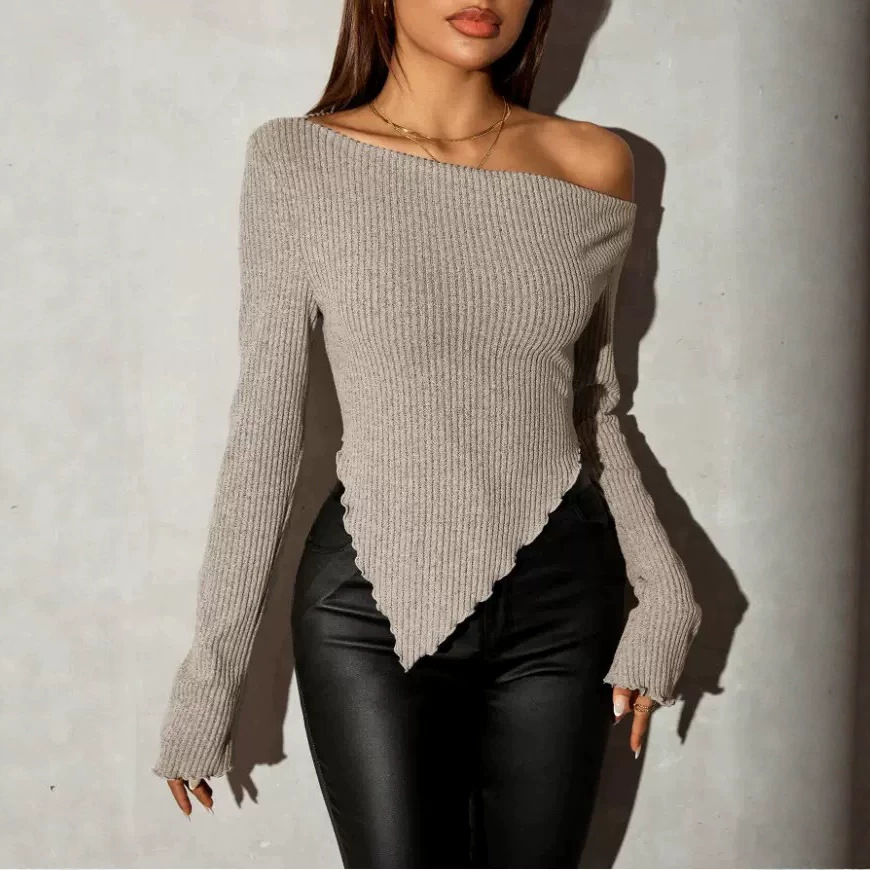 Women's Off-Shoulder Slim Fit Long Sleeve Knit Top