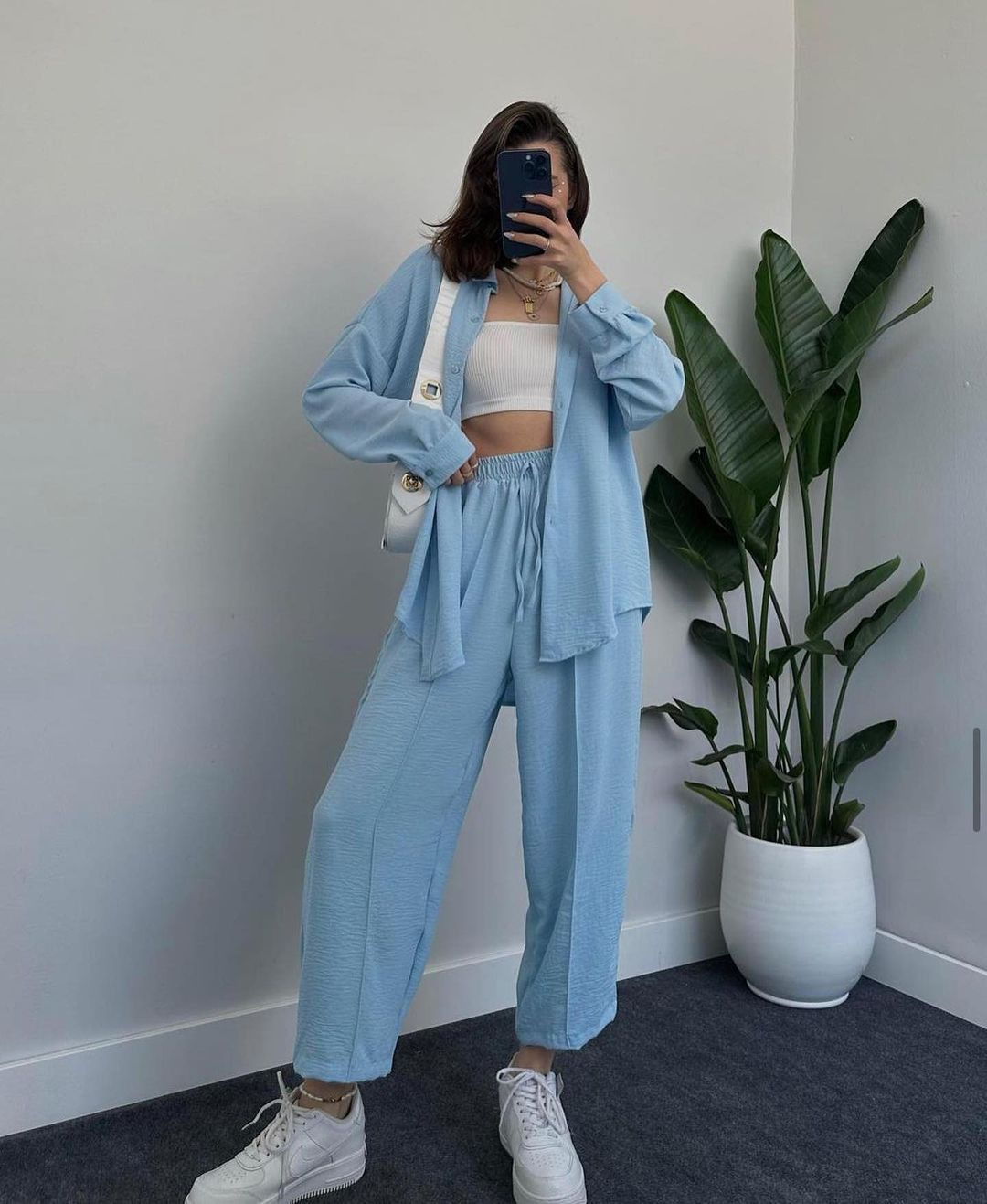 Women's Casual Two-Piece Set with Loose Collared Shirt and Tie-Waist Pants