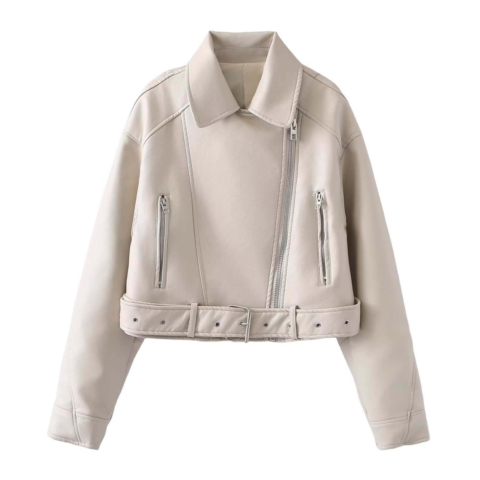 Women's Faux Leather Moto Jacket with Asymmetric Zip and Belt