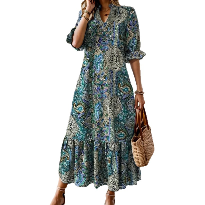 Elegant Floral Print V-Neck Midi Dress with Ruffle Sleeves