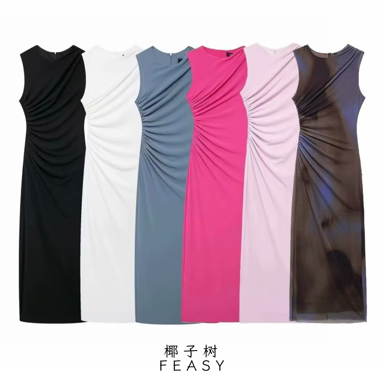 Women's Slim Fit Pleated Midi Dress Sleeveless Round Neck