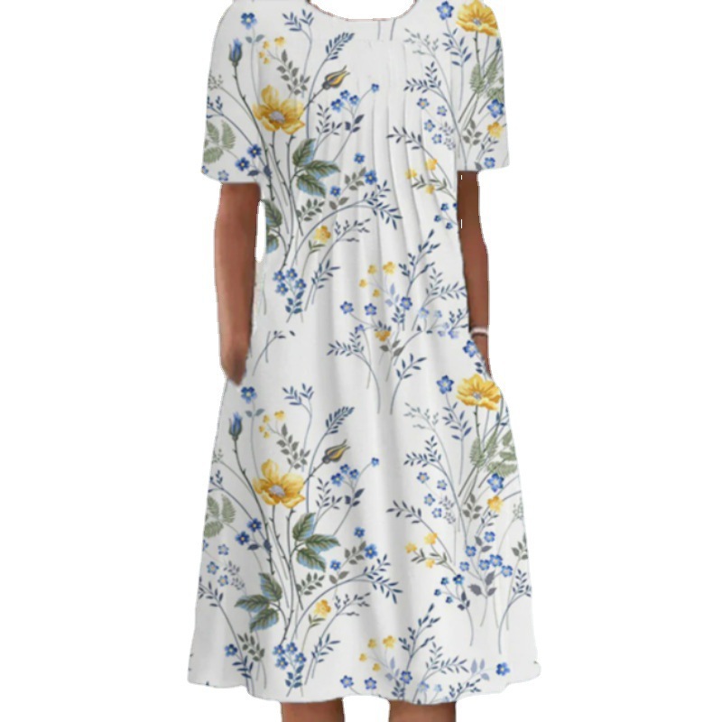 Elegant Floral Print Round Neck Short Sleeve A-Line Dress