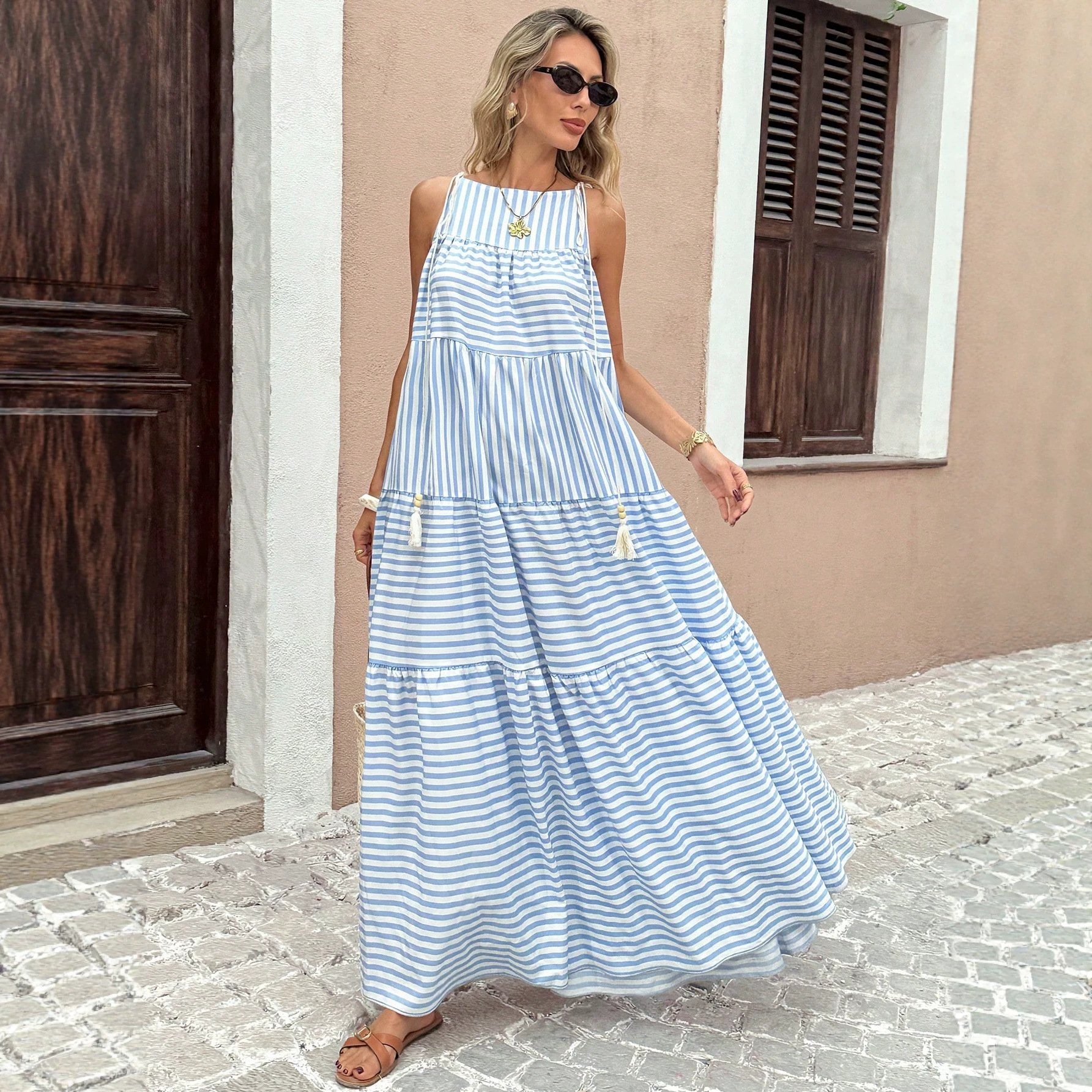 Women's Striped Fringe Tiered Cami Maxi Dress Beach Vacation