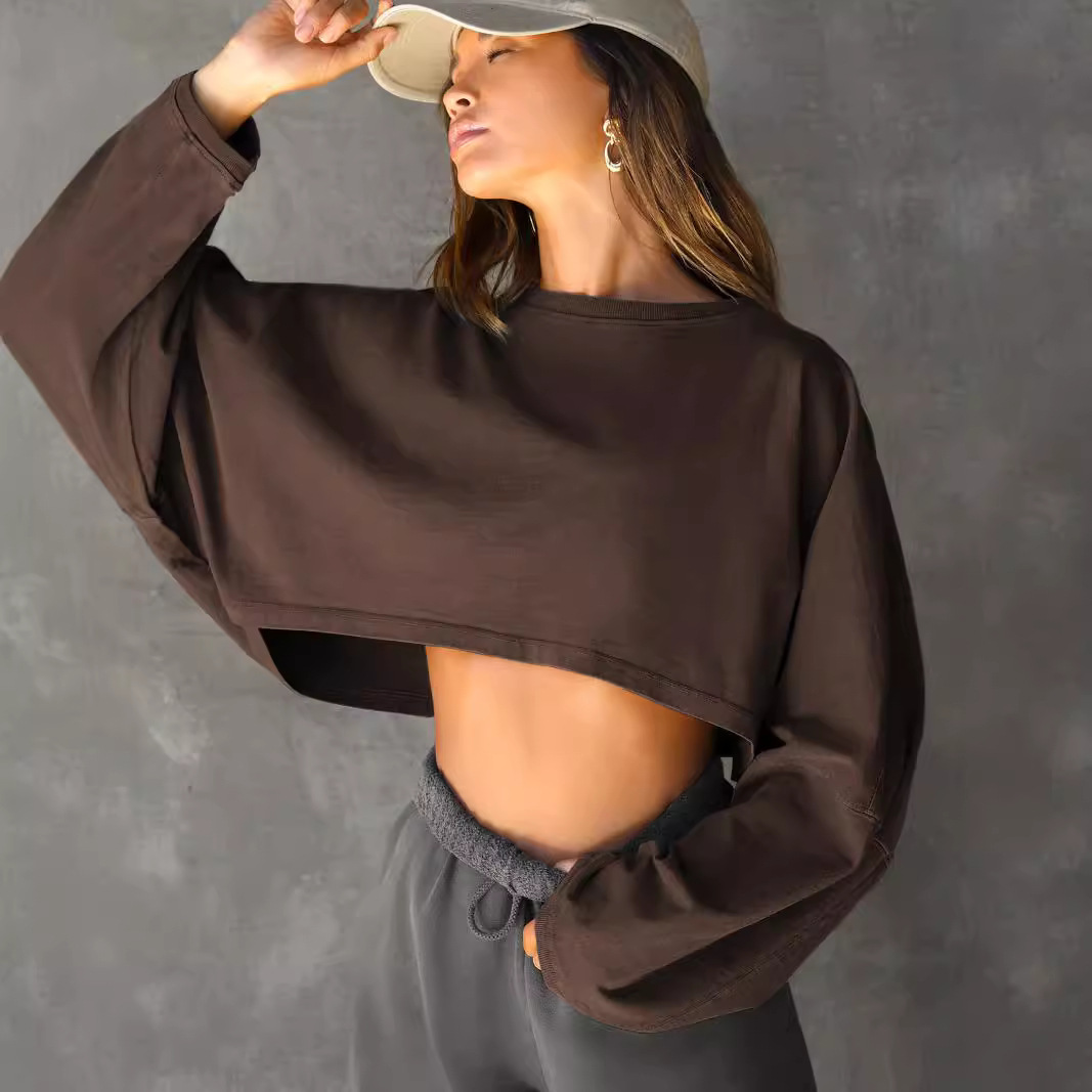 Women's Cropped Crewneck Sweatshirt Knit Long Sleeve Top