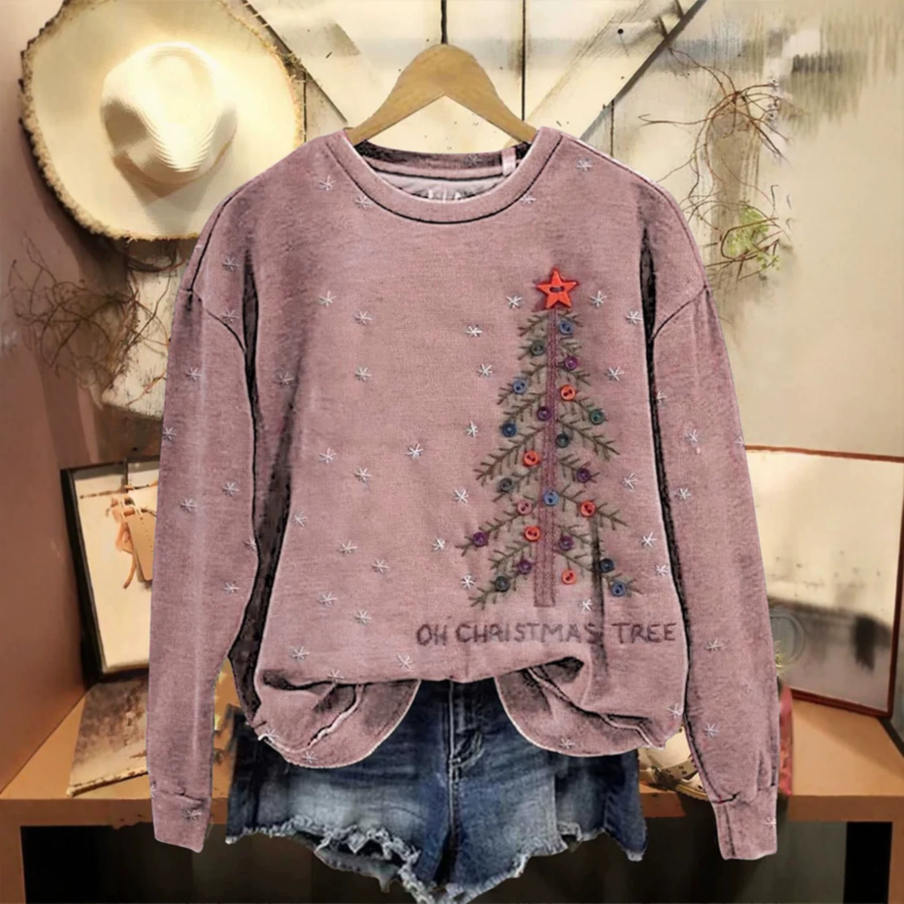 Christmas Tree Print Crewneck Long Sleeve Pullover Sweatshirt