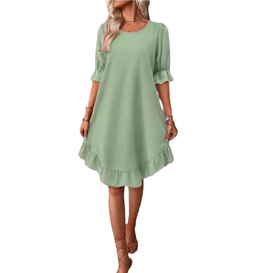 Women's Vintage Cotton-Linen Midi Dress with Short Sleeves, Round Neck, Solid Color, Loose Fit, Flared Hem