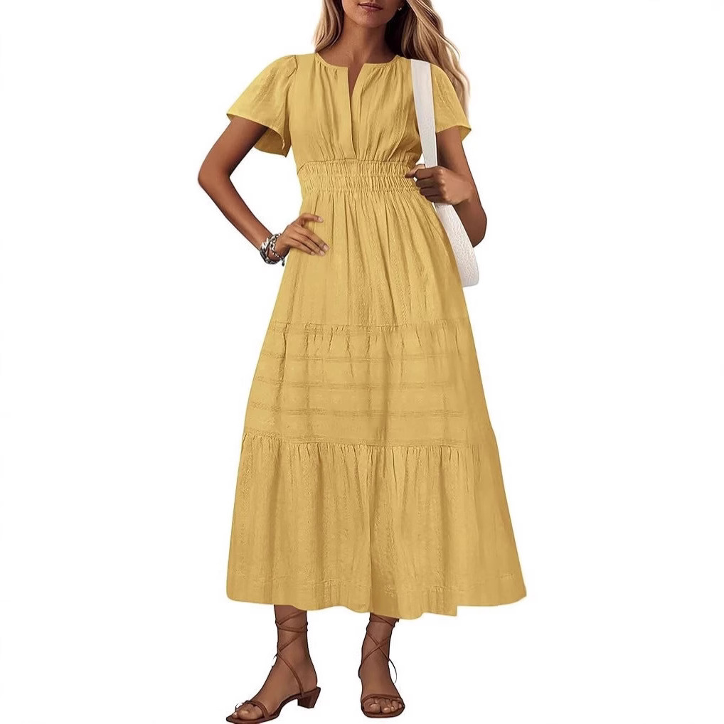 V-Neck Ruched Bubble Sleeve Tiered Maxi Dress