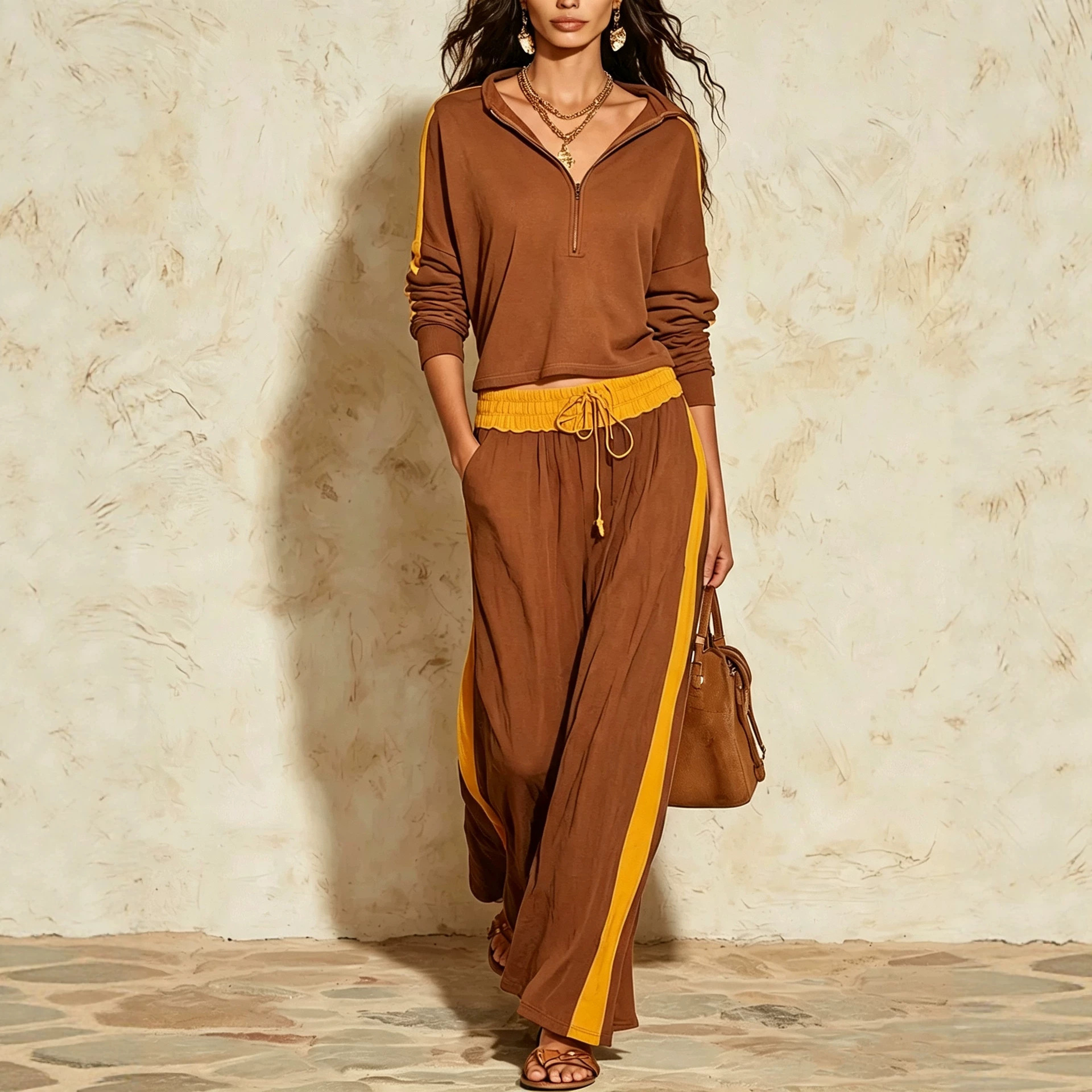 Color-Block Half-Zip Top & High-Waist Wide-Leg Pants Two-Piece Set