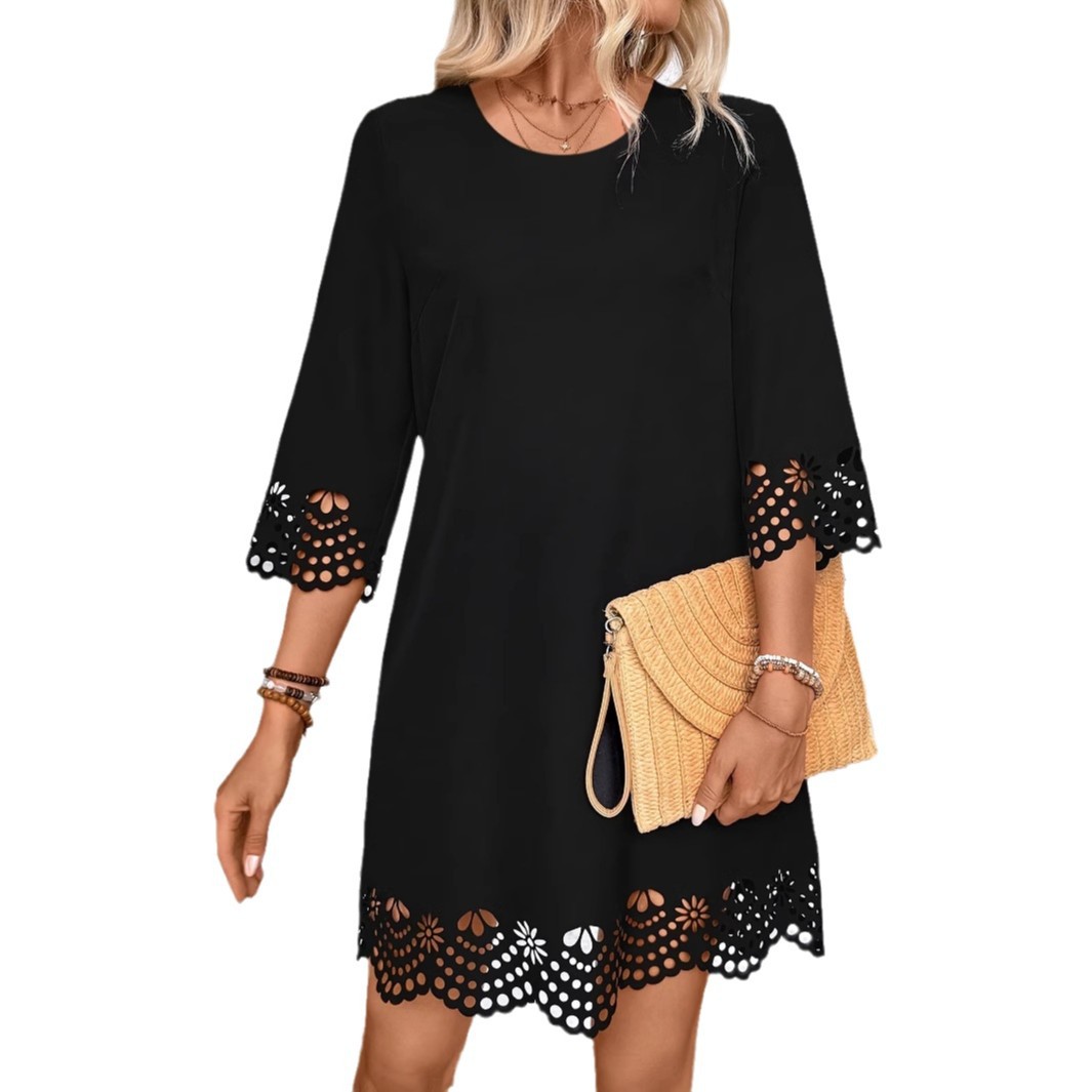 Lace Trim Round Neck Long Sleeve A-Line Dress