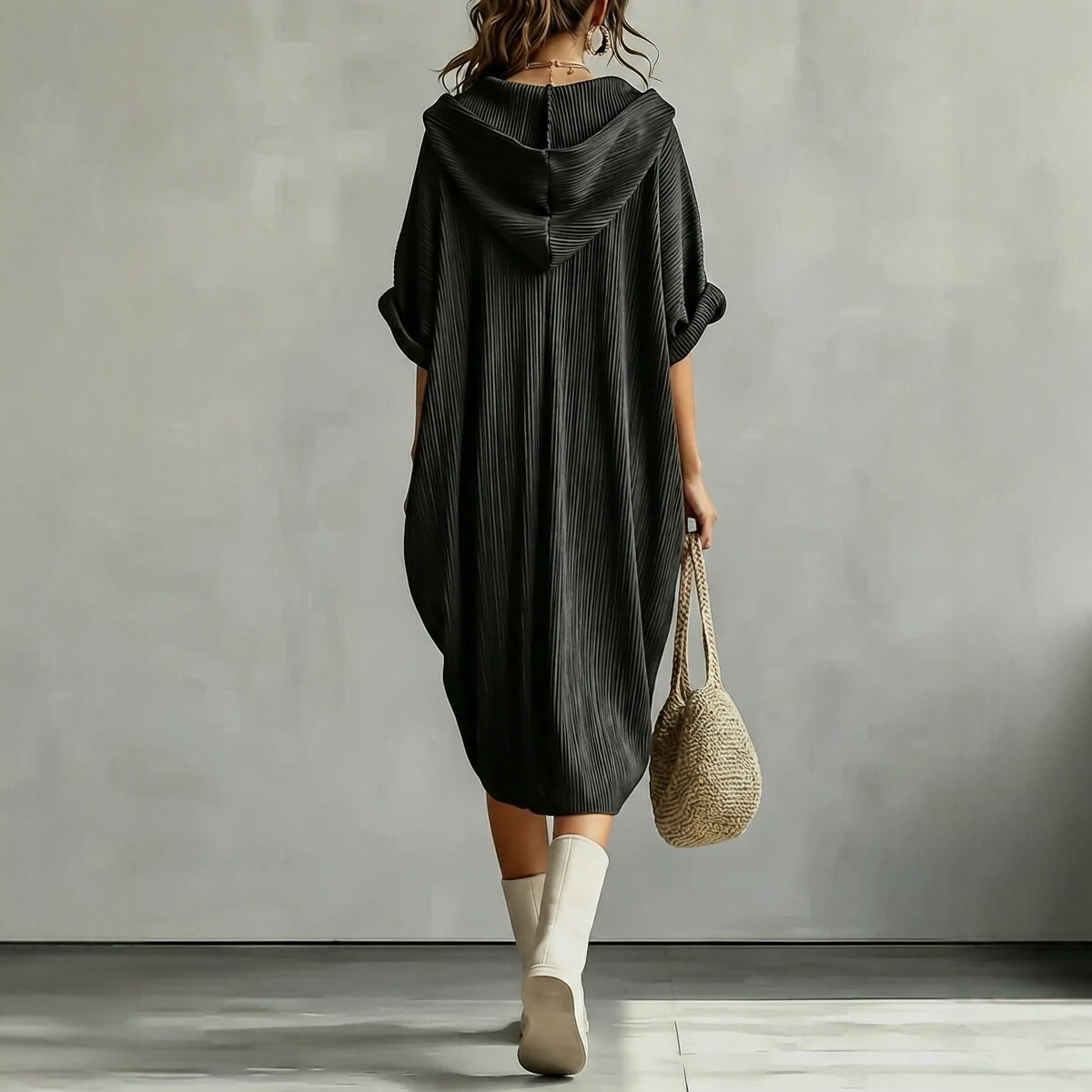 Dark Textured Pleated Hooded Sweatshirt Dress Loose Slit Midi