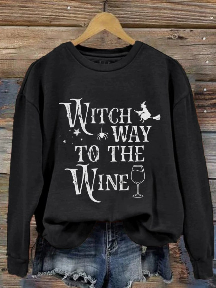 Women's Halloween Witch Wine Glass Print Crewneck Sweatshirt