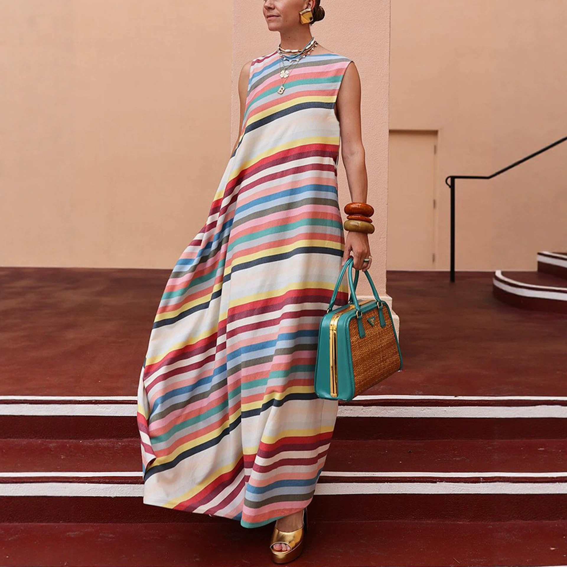 Striped Print Round Neck Long Dress