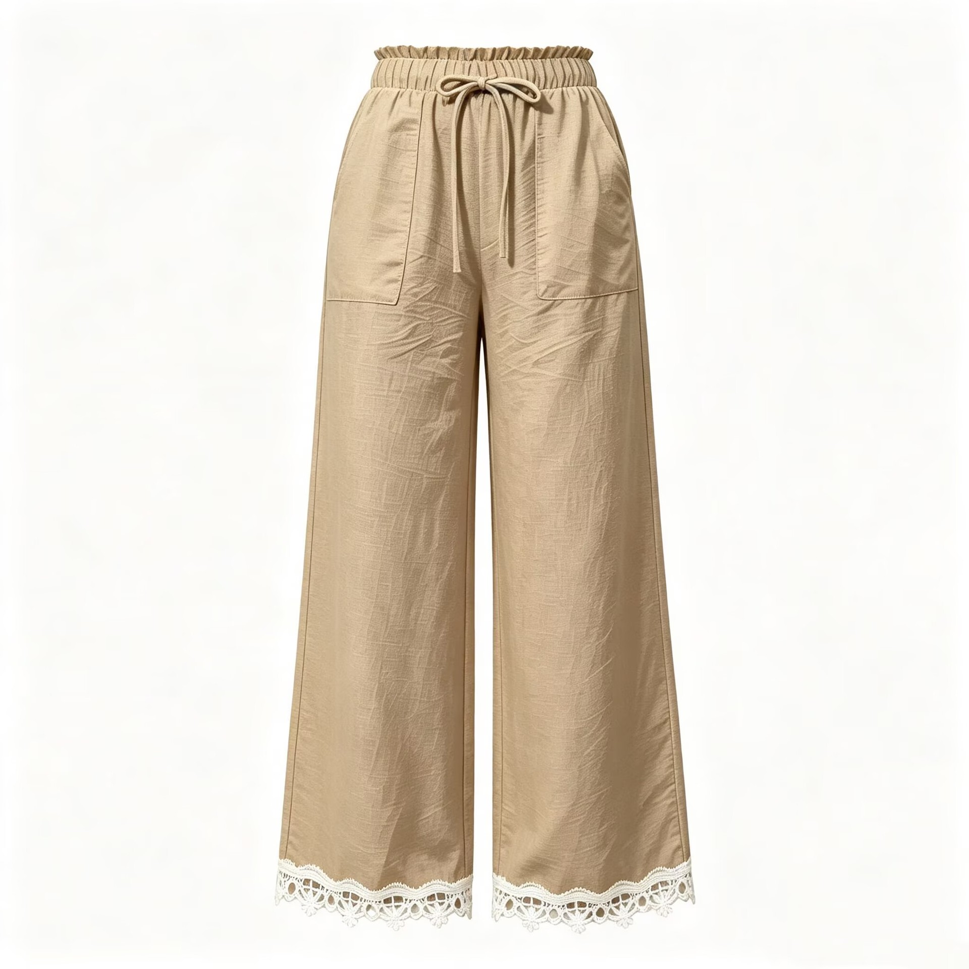 Women's Lace Trim Wide Leg Pants Casual Loose Straight Trousers