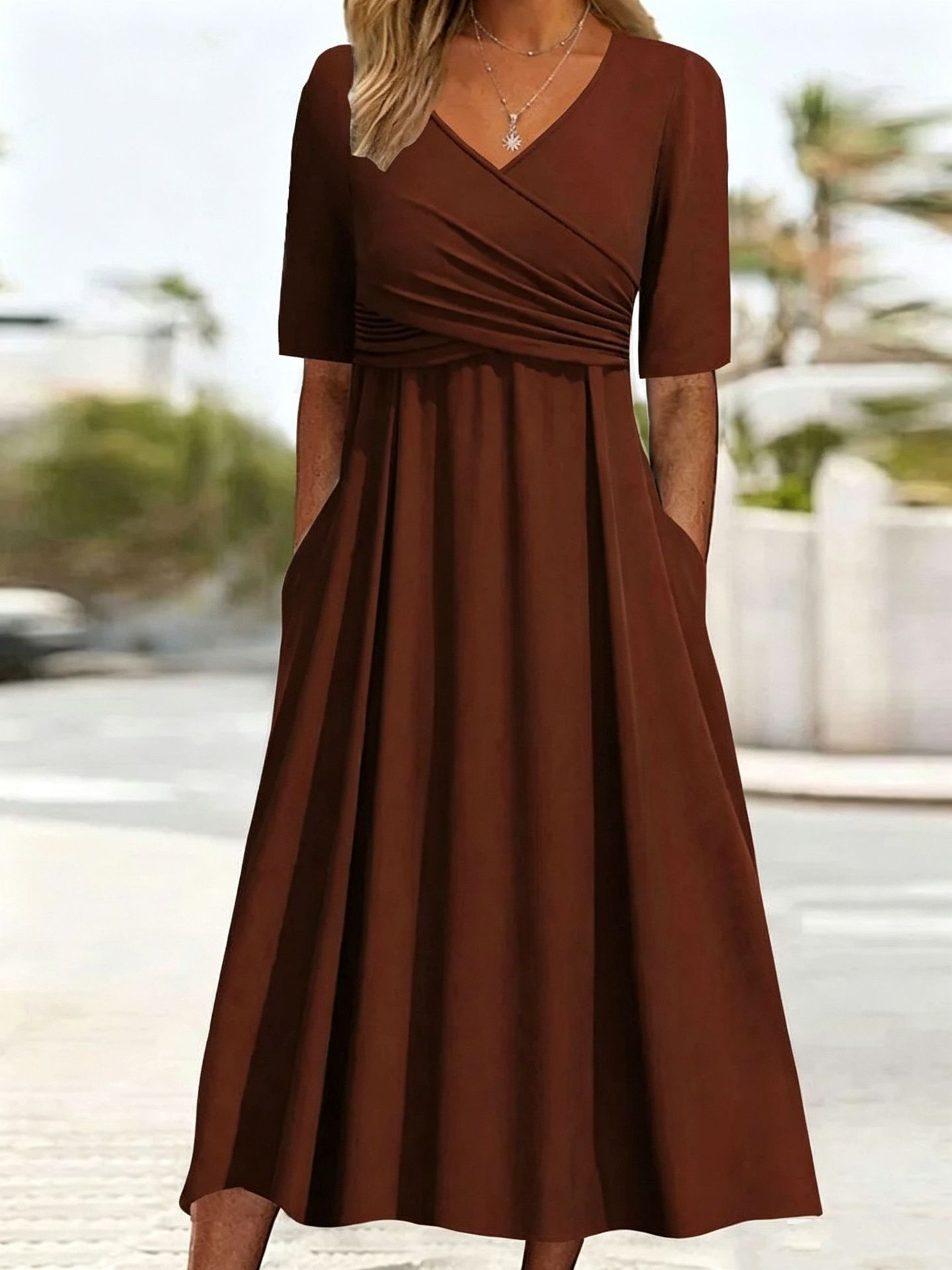 Women's Elegant Solid V-Neck Midi Sleeve Maxi Dress