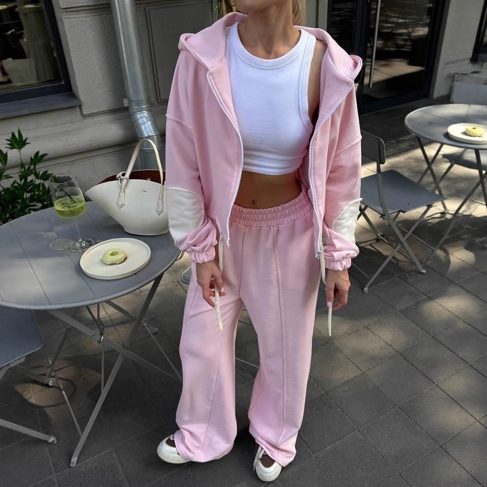 Women's Long Sleeve Zip Hooded Tie-Waist Cardigan and Wide-Leg Pants Two-Piece Set