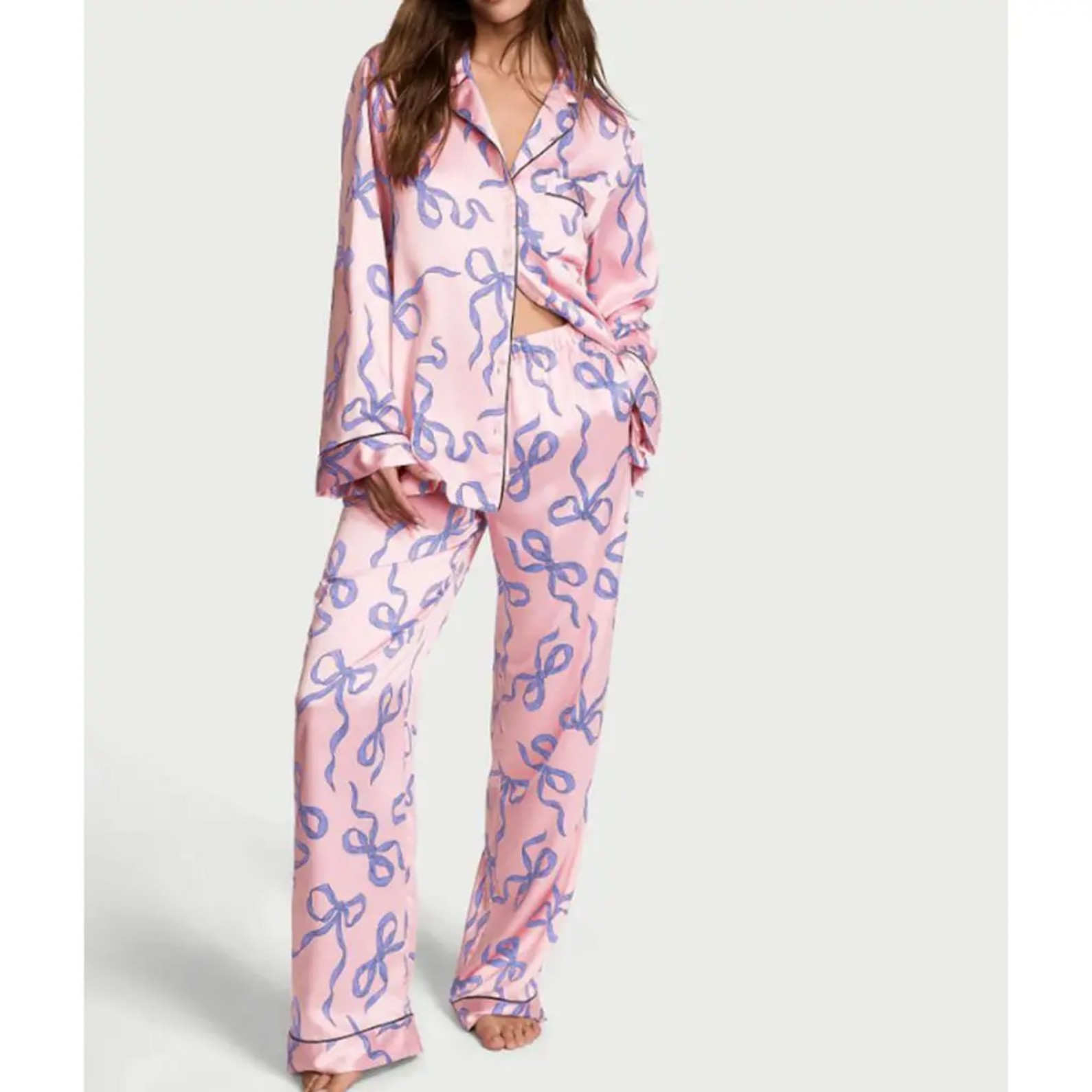 Women's Cuban Collar Bow Long Sleeve Top Set Casual Loungewear