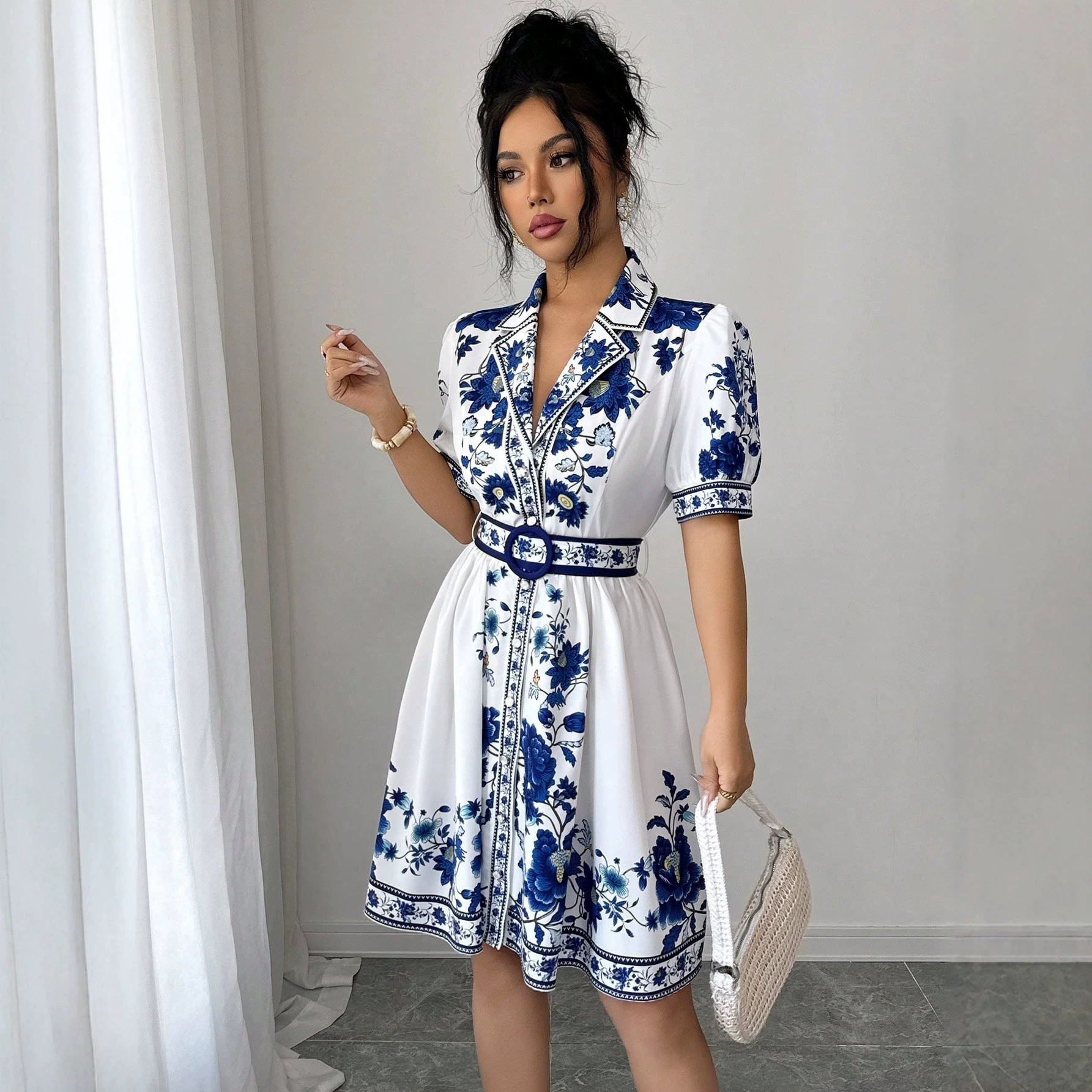 Floral Bubble Sleeve A-Line Mini Dress with Belt