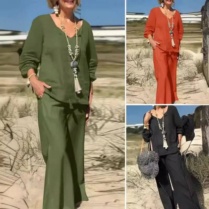 Women's Cotton-Linen Two-Piece Set Solid Color Loose Casual Long Pants