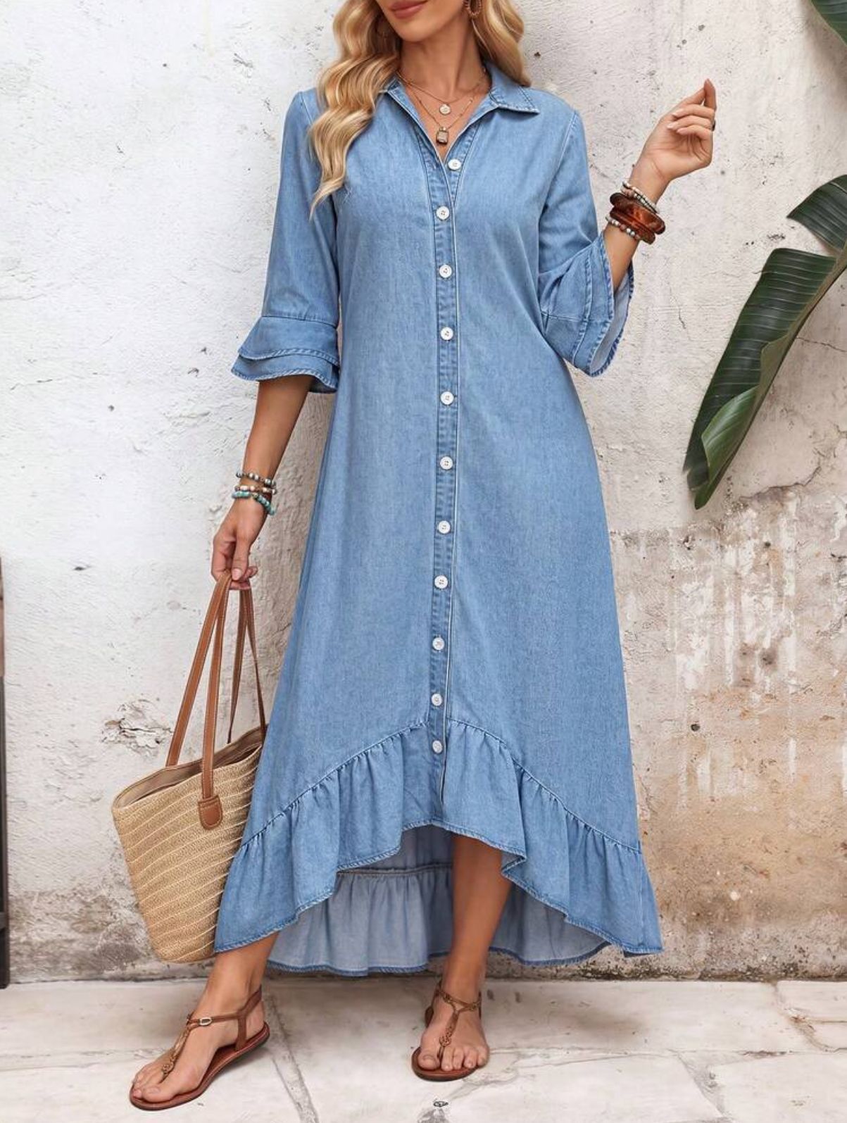 Elegant Denim Dress with Collar, Button Front, Flared Sleeves, Asymmetric Ruffle Hem