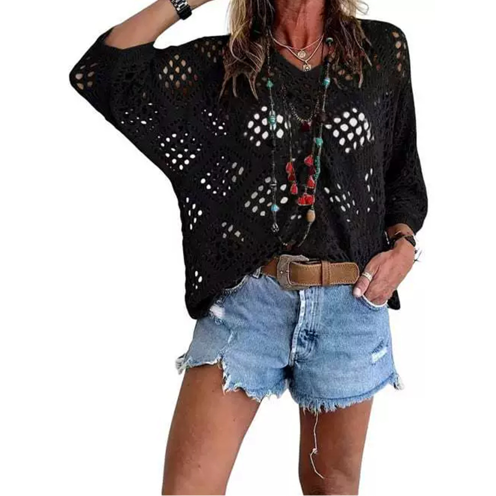 V-Neck Diamond Openwork Batwing Sleeve Women's Knit Top