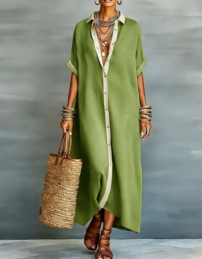 Women's Color Block Midi Shirt Dress Short Sleeve Casual