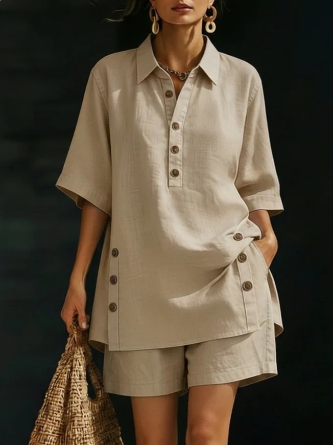 Cotton-Linen Shirt & Shorts Two-Piece Set Casual Loose Button-Down