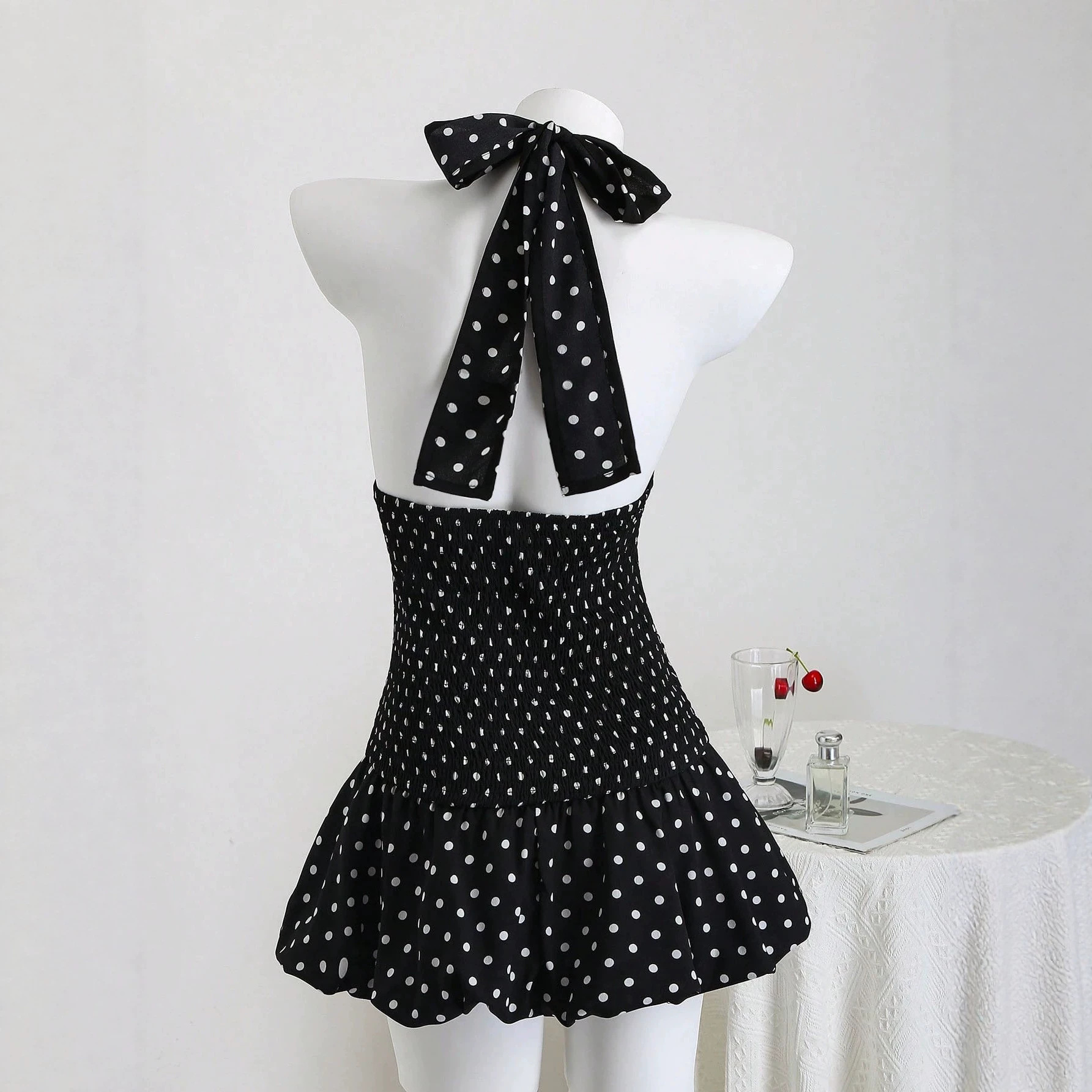 Women's Sleeveless Halter Polka Dot Tie-Back A-Line Mini Dress