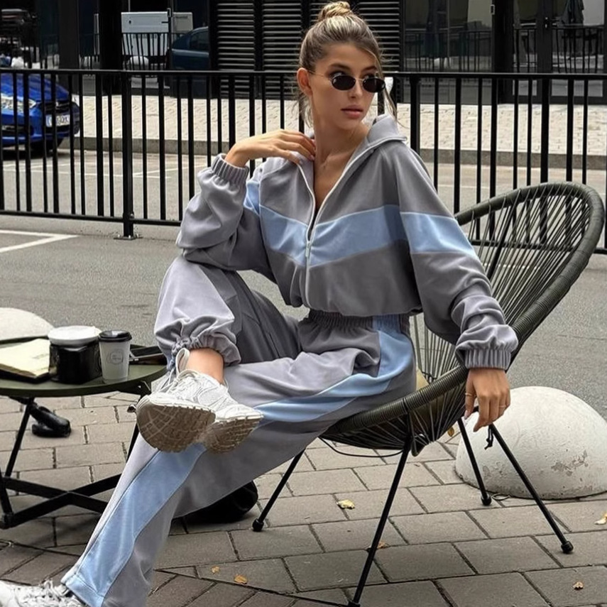 Women's Casual Colorblock Zip Cardigan and Pants Two-Piece Set
