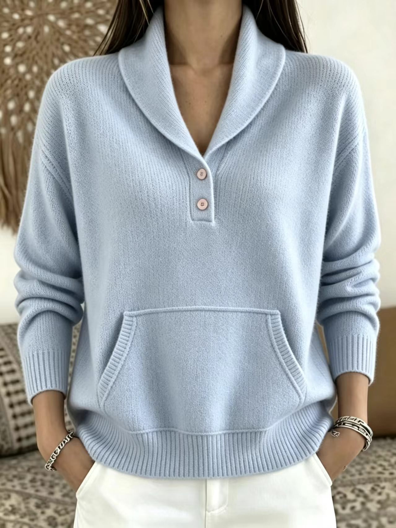 Suit-Collar Button Kangaroo Pocket Sweater for Women