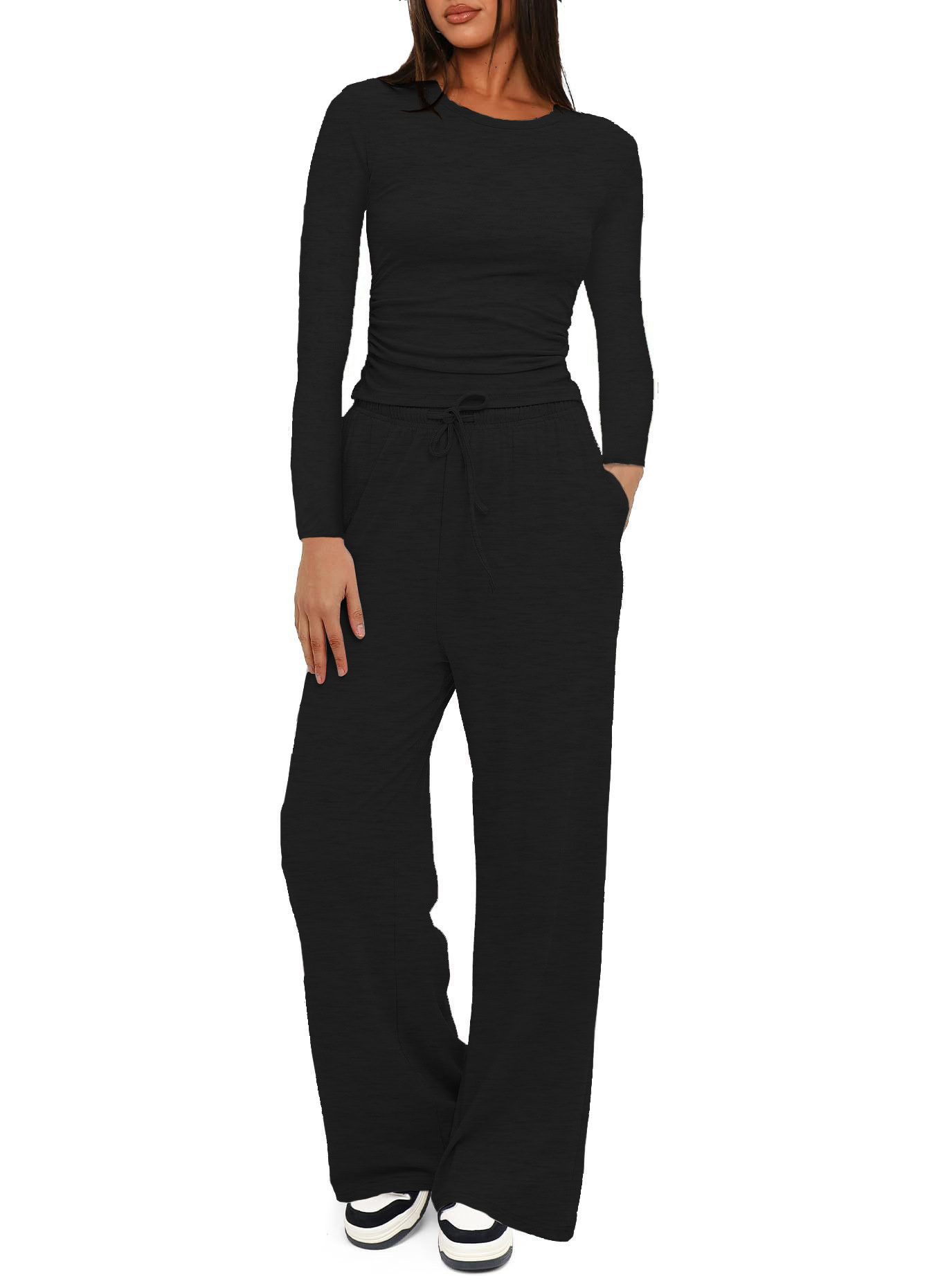 Solid Color Long Sleeve Top & High-Waist Wide-Leg Pants Set
