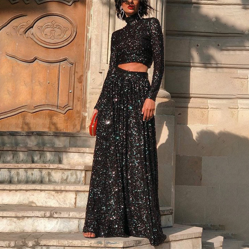 Elegant High Neck Long Sleeve Sequin Maxi Dress for Women
