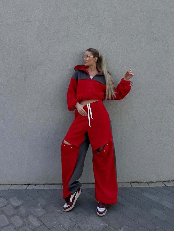 High Street Colorblock Hooded Cardigan & Distressed Button Pants Two-Piece Set